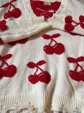 Altar'd State Cream Sweater with Red Cherry Intarsia